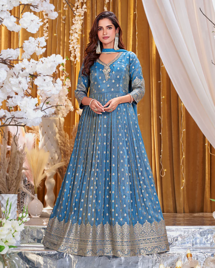 Antique Blue Embellished Shimmer Brocade Silk Anarkali